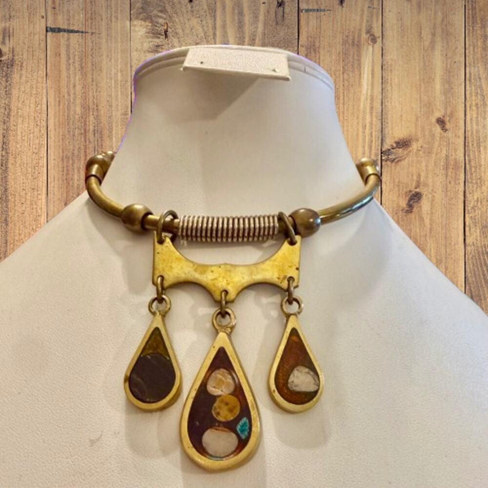 Vintage Mediterranean Greek Artisan Inlaid Bronze Necklace